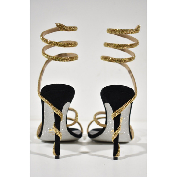 Rene Caovilla Margot Black Gold Crystal Ankle Wrap Strap Sandal Heel Pump 39 - Picture 11 of 12